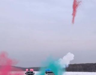Гендер пати зимой на машинах с дымом